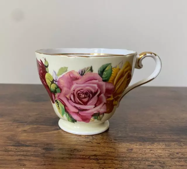 AYNSLEY Red Pink Yellow Cabbage Rose Bone China Cup & Saucer Set - England 2