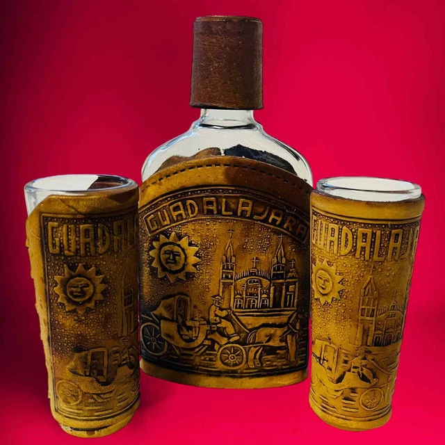 Leather Wrapped Mexican Handmade Guadalajara Shot a glasses and Flask Set