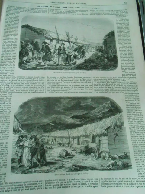 Gravure 1851 - Les Colons de Zurich près Cherchelle province d'Alger