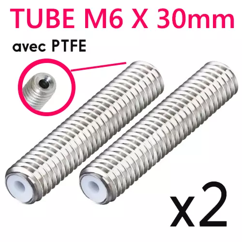 2x Tube heat break PTFE M6X30mm pour tête de chauffe hotend extrudeur MK8 / MK9