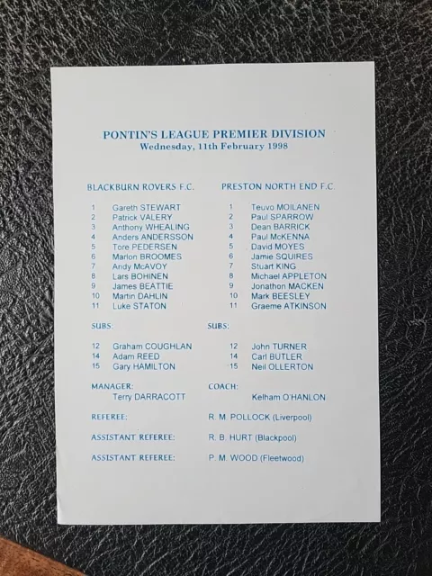 Programme Blackburn Rovers V Preston Reserves Pontins League Premier 1997 / 1998
