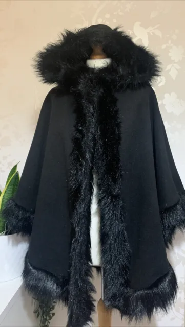 Made in Italy Black Wool Blend Hooded Cape Poncho One Size Faux Fur Trim 💕7