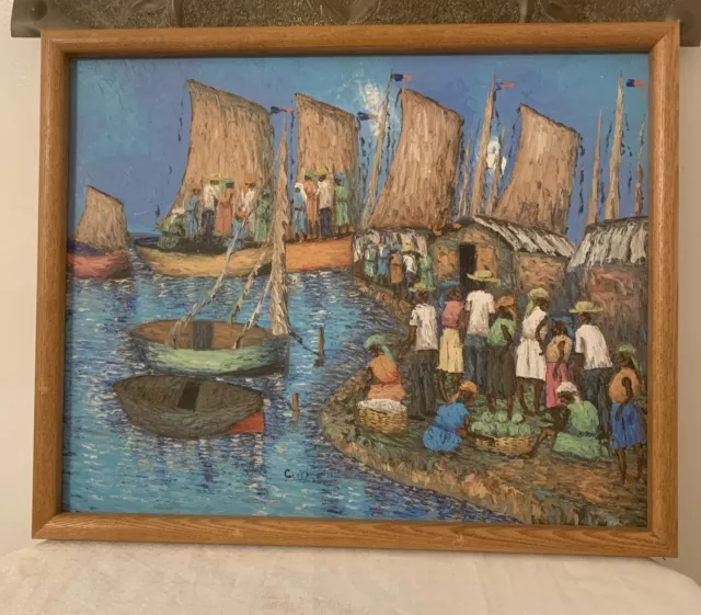 Haitian Art Original “Busy day in the village” Painting Signed (Cu?)  21”/17.5