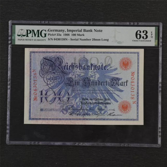 1908 Germany Imperial Bank Note 100 Mark Pick#33a PMG 63 EPQ Choice UNC