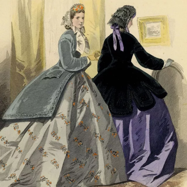 Les Modes Parisiennes Demoiselles Dresses Fashion Engraving Original 19th Century Watercolor