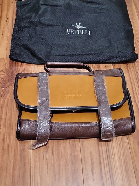 Vetelli brown and deep mustard leather hanging travel toiletry bag. New. Dust Co