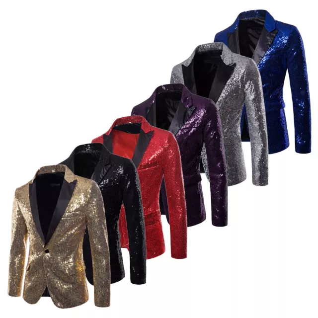 Men's Fashion Glitter Sequins Blazer One Button Slim Fit Party Prom Suit Jackets