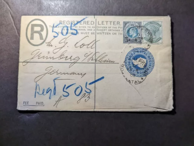 1903 Registered British Natal South Africa Cover Shepstone to Grunberg Germany