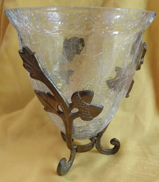 Crackle Glass 7" Cone Vase Brass 3 Footed Stand/ Base Clear Leaves Acorn Vintage