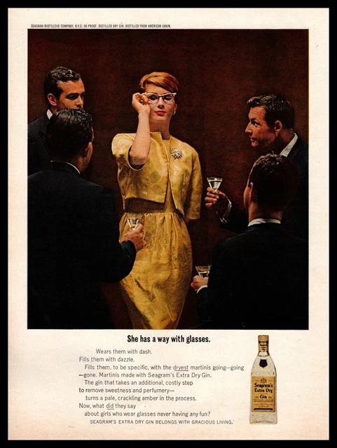 1962 Seagram's Dry Gin Attractive Redhead Woman With Horn Rim Glasses Print Ad