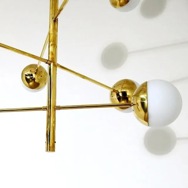 Midcentury Style Brass and Opaline Glass Globes Italian Radial Chandelier 2