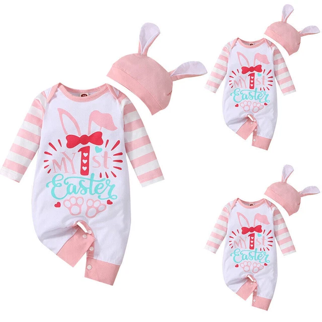 Newborn Easter Bunny Striped Outfits Baby Long Sleeve Romper Jumpsuit Ear Hat .