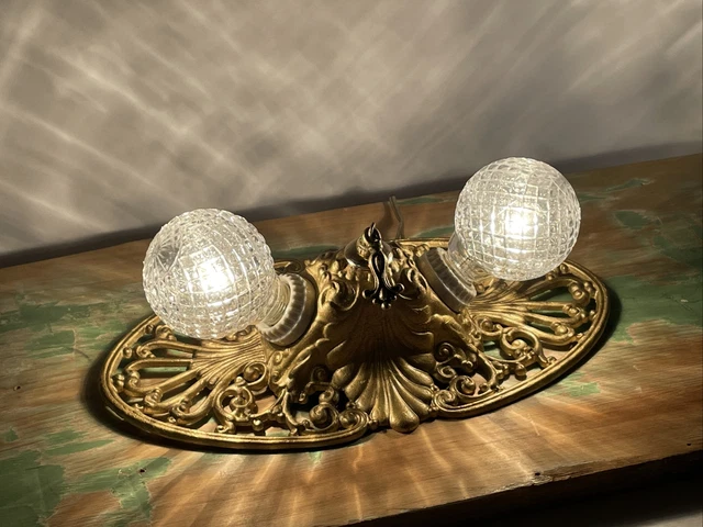 Antique Vtg Art Deco Victorian Flush Mount Ceiling or Wall Fixture 2 Bulb Vanity 3