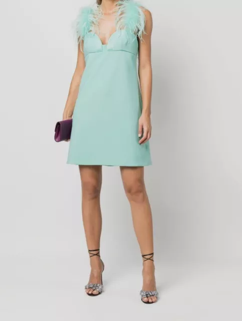 $3220 Elie Saab Women's Green Feather-Trim Bustier Crepe Mini Dress Size 44