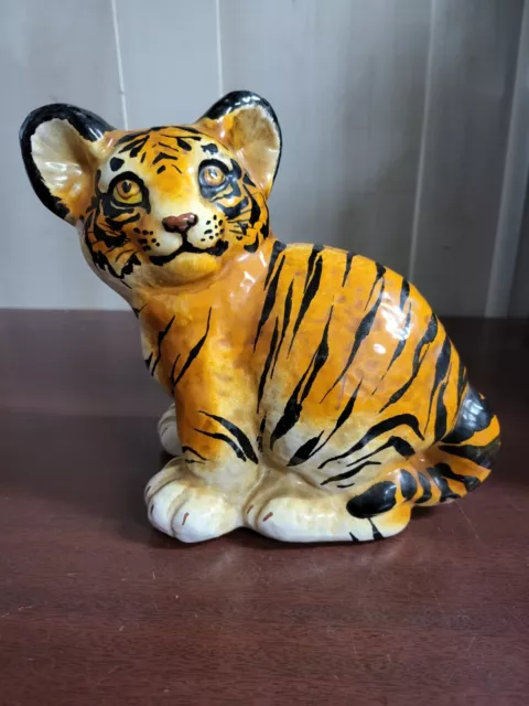 Vintage Ceramic Tiger Cub Figurine Made In Italy 7.5 x 8 x4"