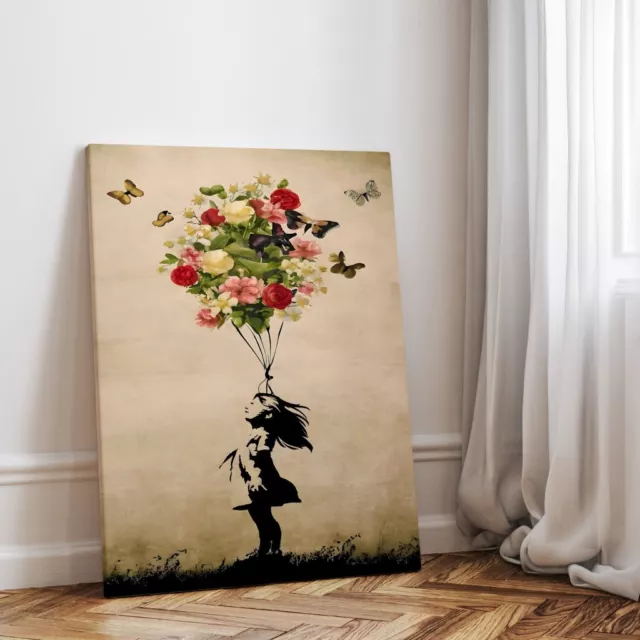 ✅ Pop Art Banksy Poster Leinwand Bild Druck Kind mit Blumen Luftballon XXL