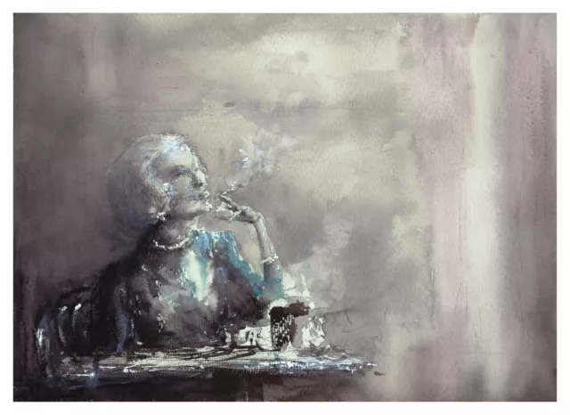 Original Aquarell Gemälde Malerei impressionistisch Portrait Lady Cafe