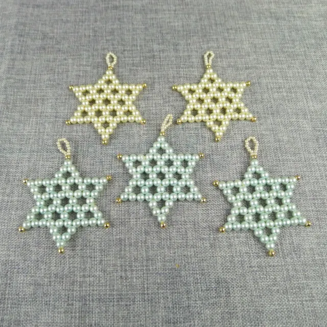 5 Beaded Star Snowflake Christmas Ornaments Pearlized Cream And Mint Gold Tips