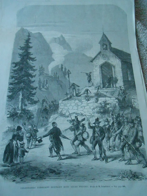 Gravure 1866 - Volontaires tyroliens rentrant dans leurs foyers