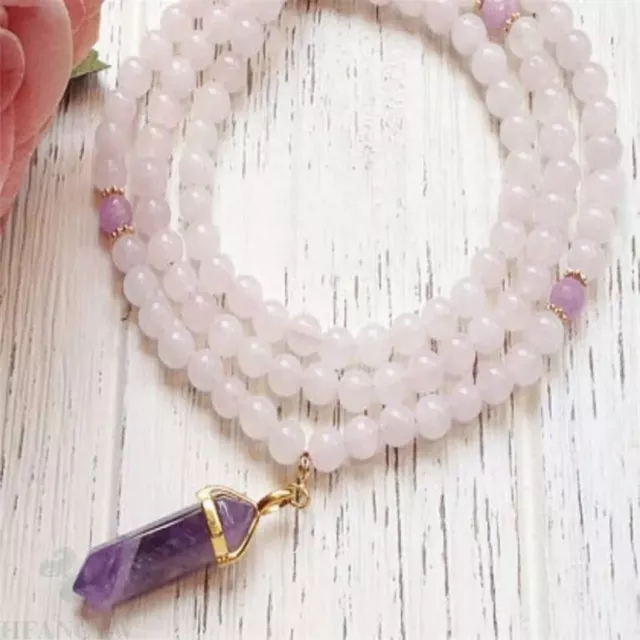 Rose Quartz Mala 108 Beads Necklace Gemstone Hexagonal Gem Beautiful Meditation