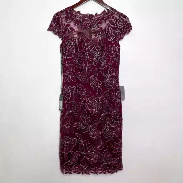 Tadashi Shoji Wine Halona Sheath Lace Dress Short Sleeve Knee Length Size 4