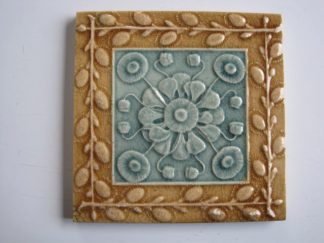Antique 6" Victorian Wedgwood Moulded & Majolica Floral Wall Tile C1870-90