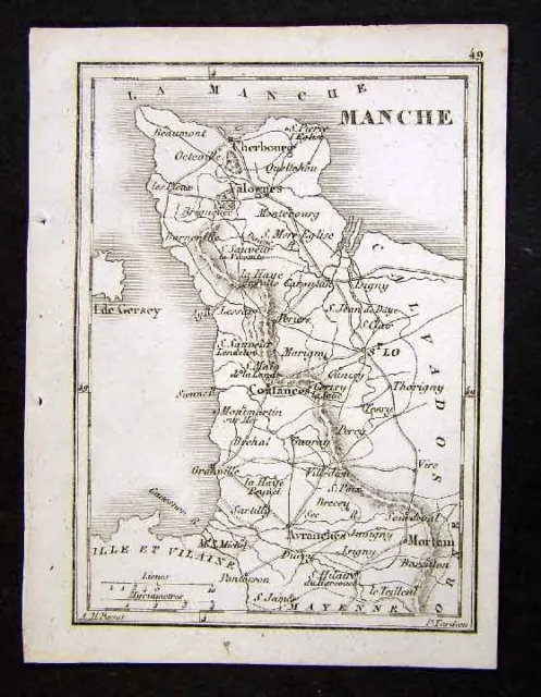 1833 Perrot Tardieu Map - Manche - Coutances France - Miniature Antique Map