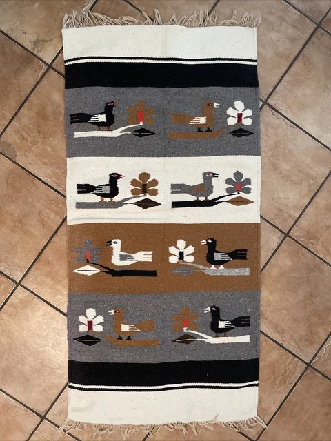 Wool Mexican Rug Wall Hanging / Rug Vintage 55x27” Bird Flower Weaving