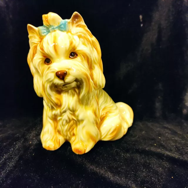 Vintage Cute Yorkshire Terrier China Dog Ornament Textured blue Bow 4" x 4"