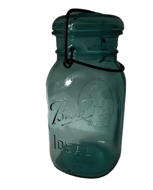 Vintage Quart Ball Jar Blue 1776 * 1976 Ideal Mason Jar with Wire Lid Aqua Jar