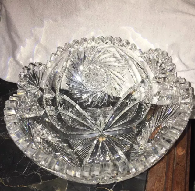 Vintage ABP Cut Glass CRYSTAL BOWL Signed CLARK Serve Display Sawtooth Stars