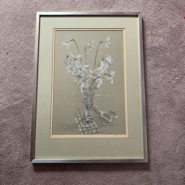 Pencil And Watercolour Original Painting Rosemary Wright 1960s Flowers Vase