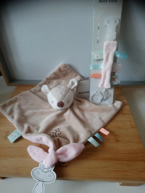 Doudou plat biche faon beige rose escargot attache tétine assorti Nattou neuf