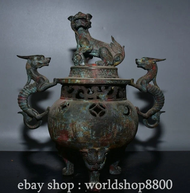 10.8" Chinese Copper Bronze Dynasty Lion Dragon handle Censer incense burner