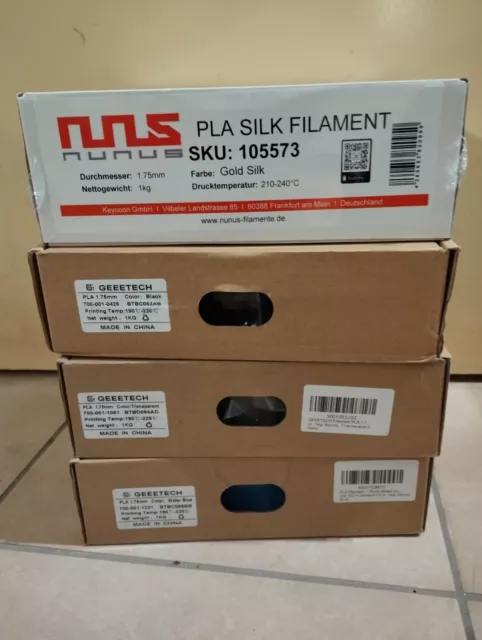 4x 1kg 3D Drucker PLA Filament- 1xblau 1xtransp 1xSchwarz 1xGold - Neu original
