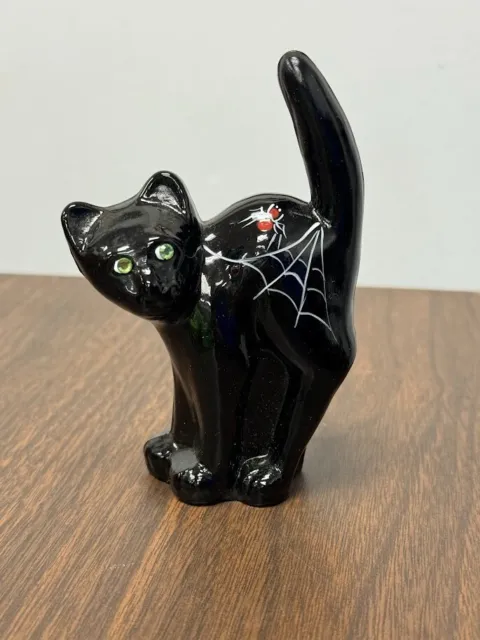 Fenton Black Glass Scaredy Cat Figurine with Spiderwebs - Halloween Decor Accent