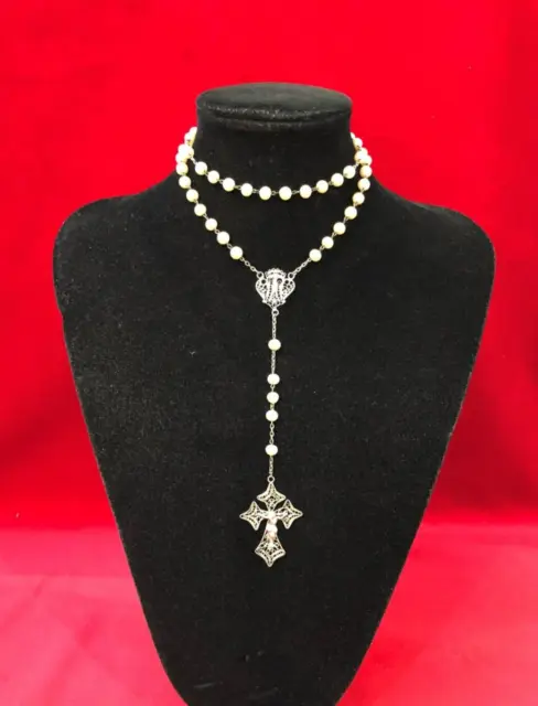 ANTIQUE SOLID SILVER Filigree Rosary & Beads Christ Cross Jewelry 19th ...