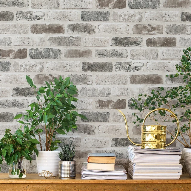 "Papel pintado de ladrillo y palo - gris marrón adhesivo 3D | 17,3"" × 118"