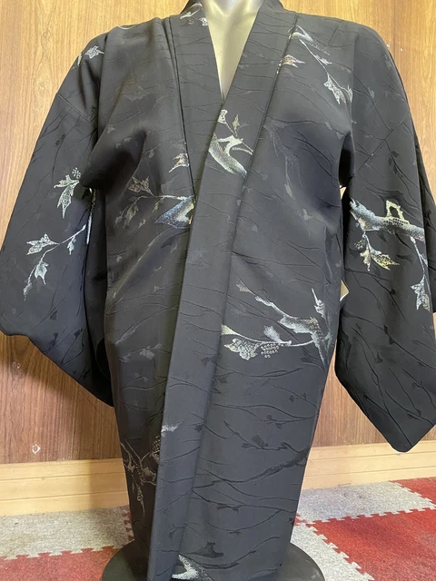 Japanese Kimono Coat Haori Urushi, Black Shiny  White Silver Tree, Silk antique
