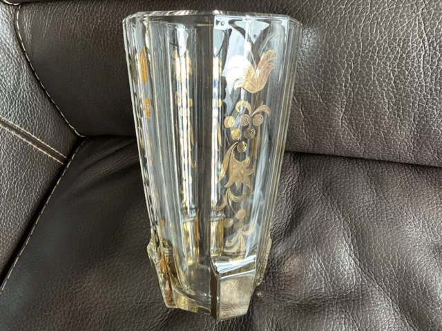 Grand Vase En Cristal Art Déco Décor Doré Très Épais