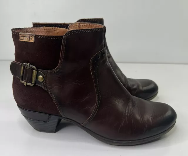 Pikolinos Rotterdam Ankle Boots Brown Leather Stacked Heel Side Zip Women's 39