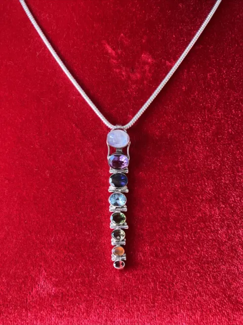 Lovely Sterling Silver Rainbow Pendant Necklace With Gem Stones