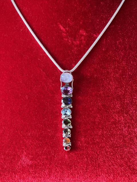 Lovely Sterling Silver Rainbow Pendant Necklace With Gem Stones