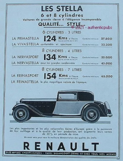 Publicite Renault Voitures Stella Primastella Nervasport Vivastella De 1933 Ad