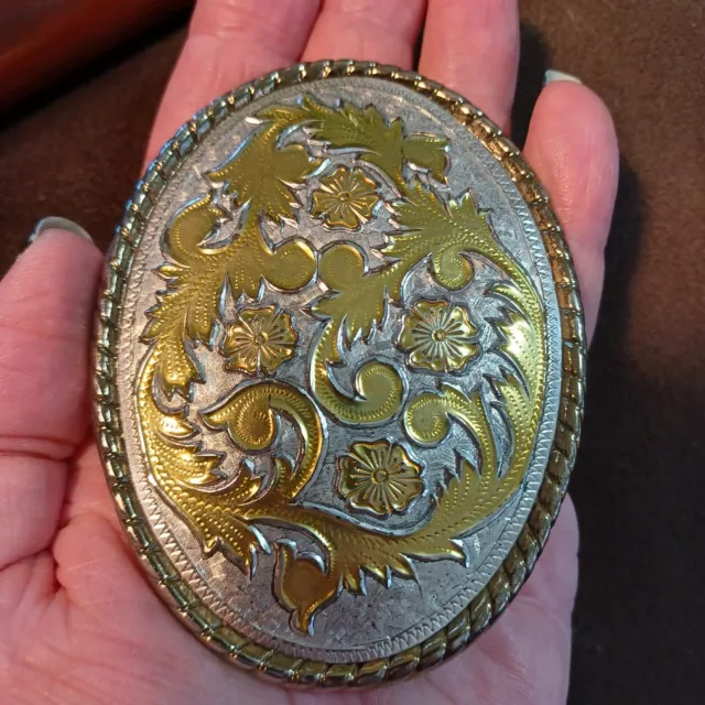 Vintage Western Belt Buckle Gold & Silver Tone FLORAL DESIGN SIGNED "W" MADE USA