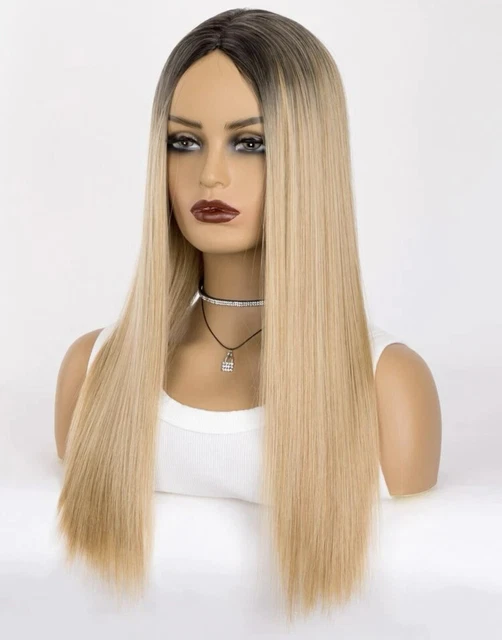 Perruque Synthétique Blonde Dorée Longue - Racine Foncée - Neuf
