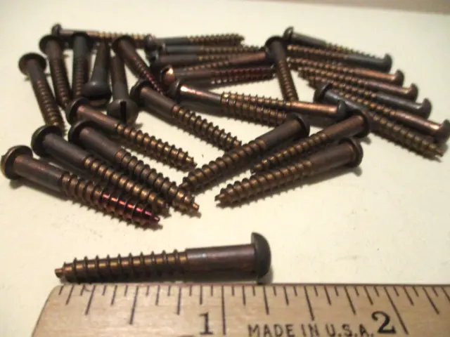 30 Vintage Solid Bronze Wood Screws With Round Slot Heads 1 1/4" Long X #8=5/32"