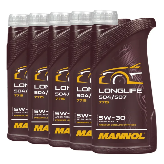 Mannol 7715 SAE 5W-30 Longue Vie Huile VW 504.00/507.00, MB 229.51, 5x1 Liter