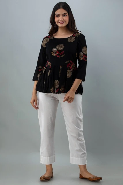 Women's Rayon Printed Hip Length Formal Tops KRT016BLACK