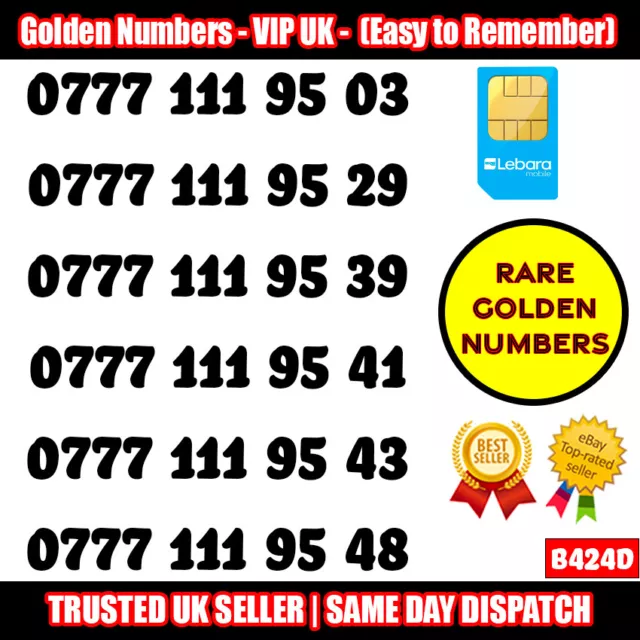 Golden Number VIP UK SIM Card - LOTTO numeri di cellulare facili da ricordare - B424D